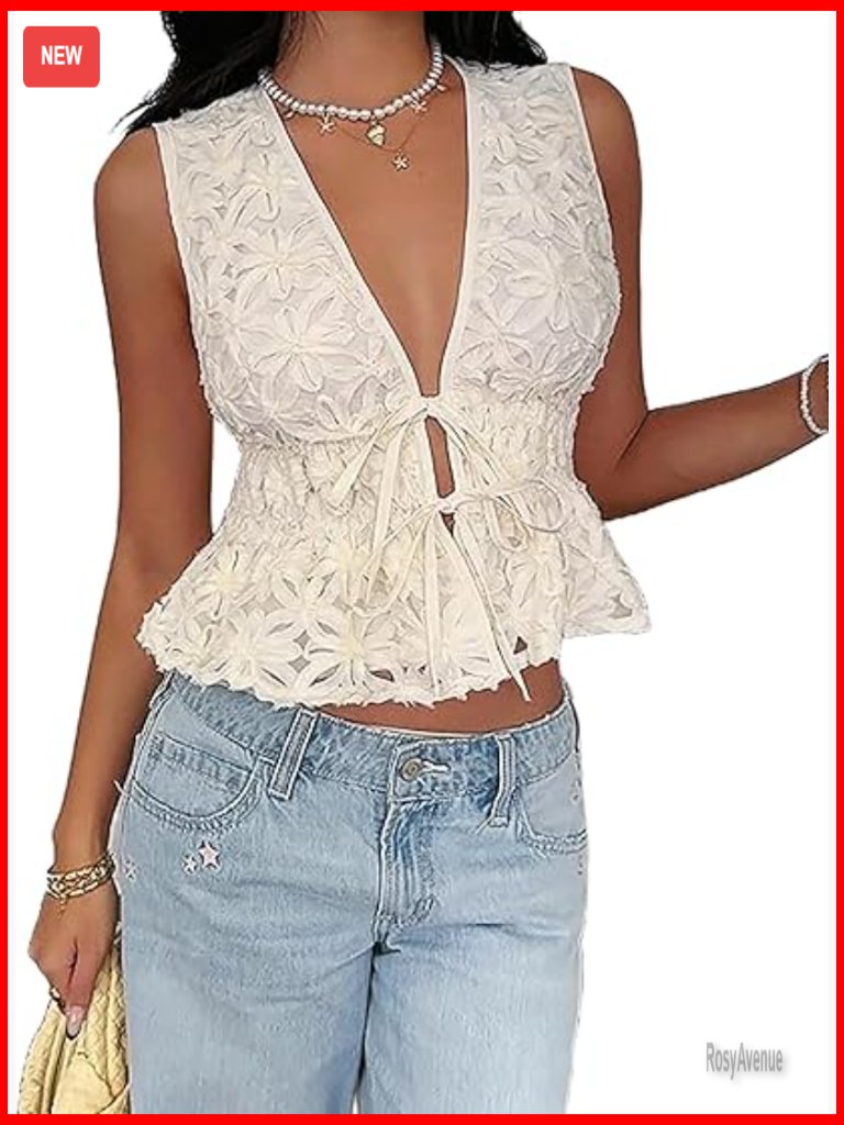 Deep V Tie Front Top Floral Appliques Sleeveless Ruffle Blouse